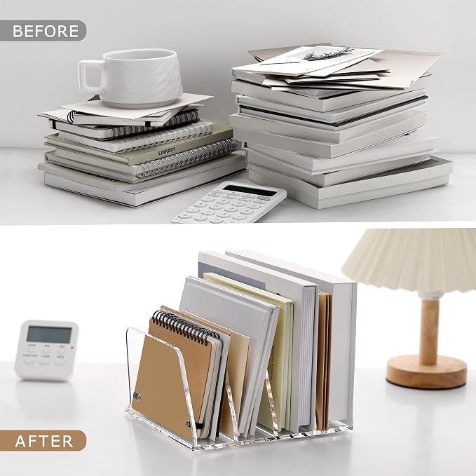 SANRUI Acrylic Mail Sorter Desktop Organizer, 4 Compartments Clear Small File Script Letter Document Storage for Desk Bill Filling Envelope Holder Office, Home, School Organization