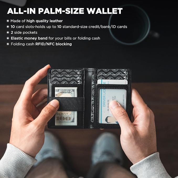 VULKIT Credit Card Holder RFID Blocking Slim Leather Front Pocket Mens Wallet Bank Card Holder Quick Access with 10 Slot and Money Band for Bills or Receipt, Palm-Size Wallet, Black, 10.9 x 7.3 x 1.6