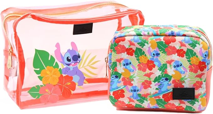 Impressions Vanity 2 PCs Disney Stitch Clutch Set for Makeup Accessories, Water Resistant Zippered Travel Cosmetic Bag Organizer for Makeup Brush, Lipstick, Skincare, and Toiletries (Coral)