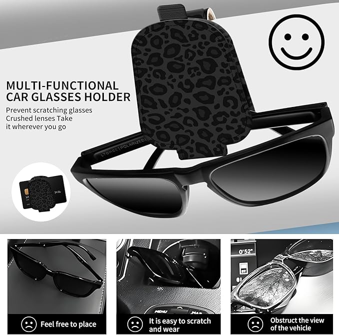 Leather Magnetic Sunglass Holder for Car Sun Visor, Cute Eyeglass Ticket Card Hanger Clip, Universal Auto Interior Accessories for SUV Pickup Truck Black Leopard