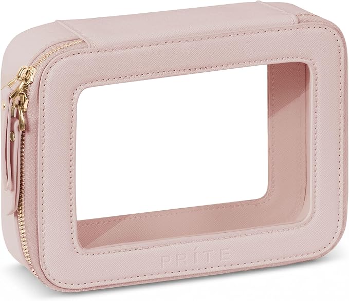 Prite Clear Makeup Bag Cosmetic Organizer Case Waterproof Travel Toiletry Bag Skincare Pouch with Golden Zipper(Pearlescent Pink)