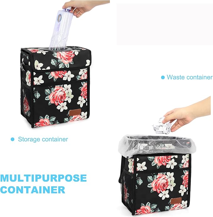 Car Trash Can Leak Proof Car Trash Bag Waterproof Car Garbage Can with Lid Collapsible and Portable with Storage Pocket, Large/Flower, 3 Gallons