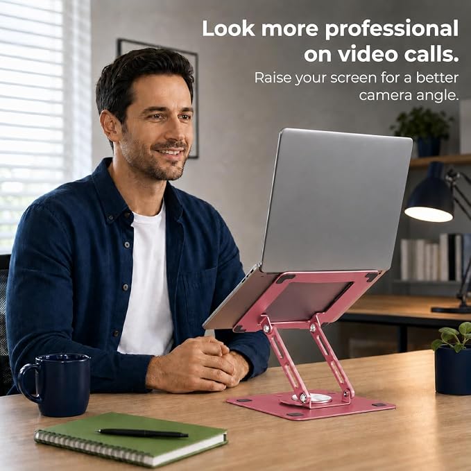 Uncaged Ergonomics Swivel Laptop Stand for Desk, Adjustable Computer iPad Stand for Desk w/ 360 Rotation, Portable Laptop Holder for Home Office Ergonomic Supplies (Brushed Pink)
