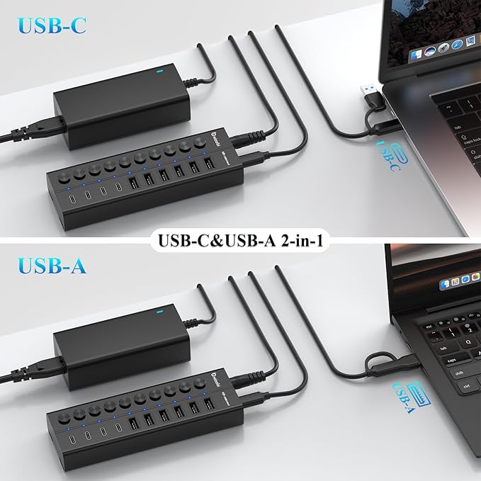 Powered USB Hub, 10-Port USB C Hub with 6 USB-A 3.2, 4 USB-C 3.2 Ports, Individual Switches and 12V/5A Power Adapter, Aluminum USB Extension for MacBook, Laptop/PC and More(Black)