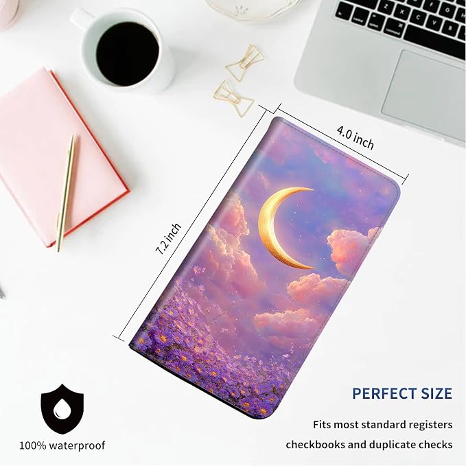 DEGDFSGR Checkbook Cover PU Leather Checkbook Covers for Women for Duplicate Checks, Check Book Covers with RFID Blocking Function for Personal Checkbook, Golden Crescent Moon