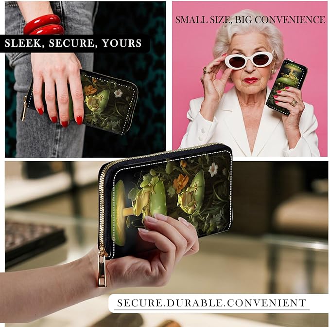 RFID-Blocking Zip Around Wallets for Women with Detachable Wrist Strap,Large Capacity Phone Holder with Card Organizer & Coin Pocket,Cute Frog Mushroom