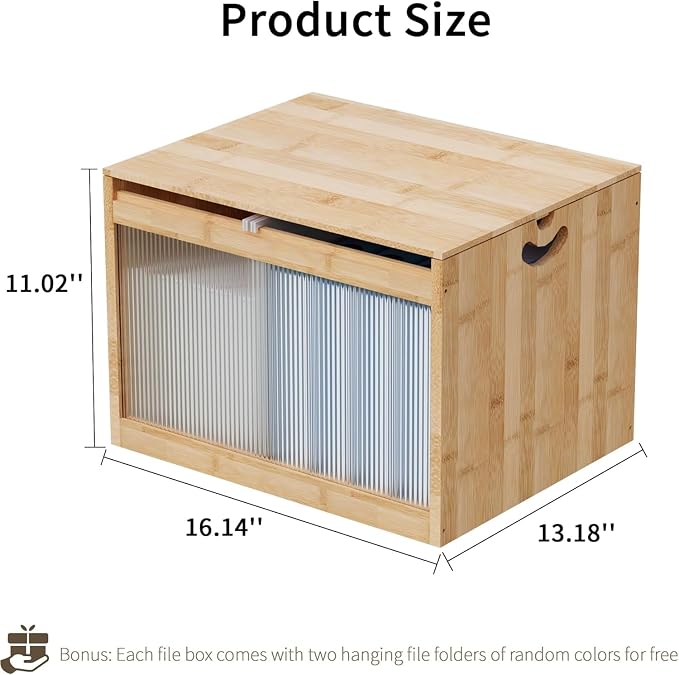 Bamboo Hanging File Boxes with Lids 2 Pack, File Organizer Box for Letter/Legal File, File Box with Hanging Folders Acrylic Light Easy Assembly File Storage Boxes for Office Home, Natural