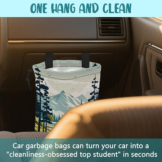 Car Garbage Bag Mountain and River Forest Hanging Canvas Car Trash Bag Waterproof Drawstring Car Back Seat Organizer for Car Back Front Seat Console with Adjustable Buckle