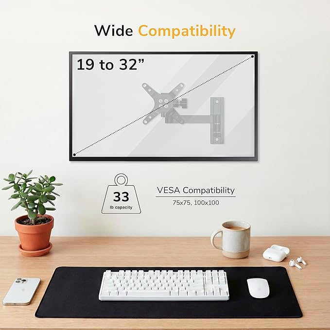 Mount-It! Full Motion Computer Monitor Wall Mount ??Adjustable Arm for Home Office, Gaming, Workstations ??Fits 19??2??Screens, VESA 75x75 & 100x100, Tilt Swivel Rotate, 33 lb, Single Stud Install