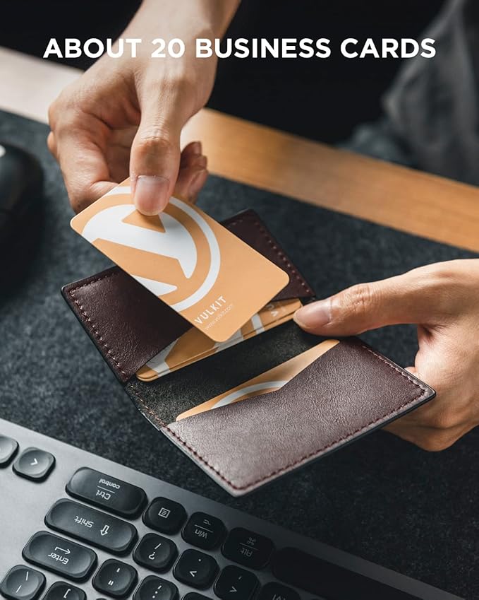 VULKIT Leather Business Card Holder 2 Sided Slim Business Name Card Organizer for Men or Women, Up to hold 20 cards (Vintage Espresso)