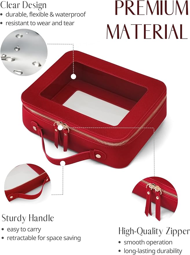 Popvibe Clear Makeup Bag Travel Cosmetic Case Toiletry Bag with Zipper, Red, Medium and Large