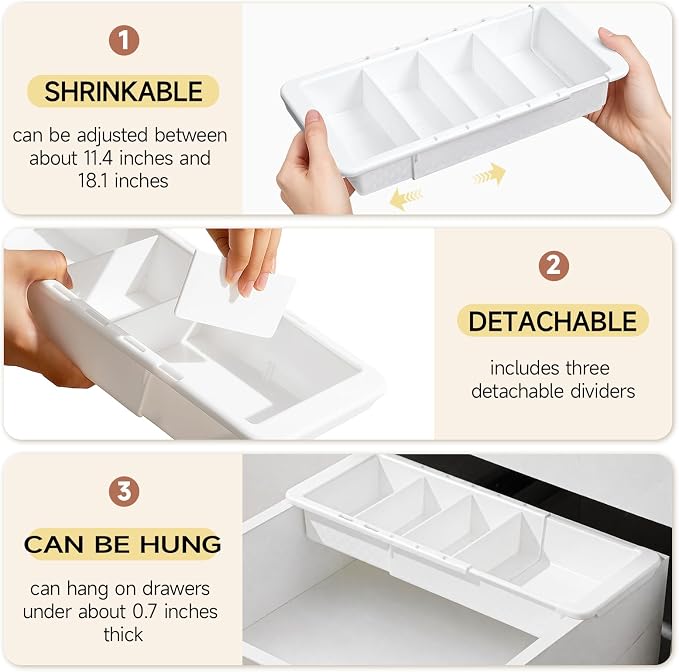 27 Pcs Deep Drawer Organizer Bulk, 2 Expandable Hanging Trays with Plastic Drawer Dividers Organizers, Desk Drawers Organizer Trays for Makeup Kitchen, Bathroom, Office, Bedroom, White