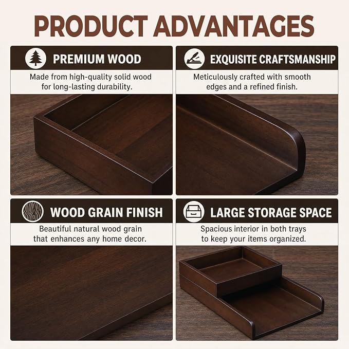 Wooden Desktop File Organizer, 2-Tier Detachable Solid Wood Paper Tray for A4 Paper Documents Letter Bill Notebook Stationery, Multi Modular Desk Storage Tray for Home Office Cubicle School