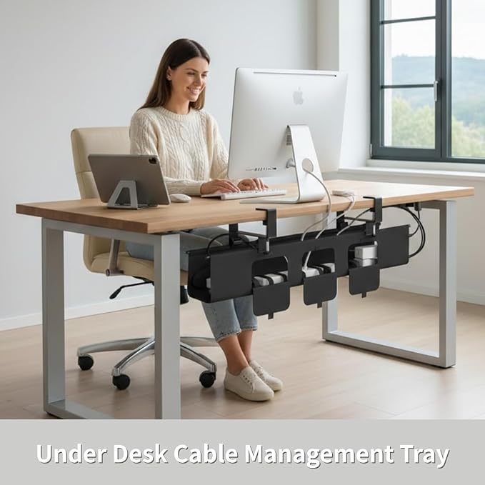 Under Desk Cable Management Tray, 36” Fabric No Drill Clamp Mount Cord Organizer for Desk, Heavy Duty Wire Management for Office Home, Black