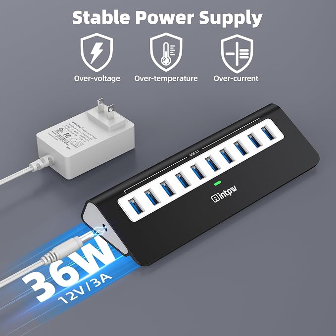 Powered USB Hub, intpw 10 Port USB 3.1 Hub with 10Gbps Data Transfer, 36W(12V/3A) Power Adapter, USB Type A and Type C Cable, Grey USB Hub for Laptop, MacBook and Desktop Computer