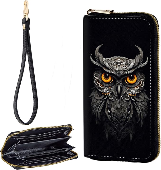 Zip Around Wallets for Women with Detachable Wrist Strap, Large Capacity RFID Blocking Leather Purse Organizer Card Holder Wristlet,Beautifull Owl Abstract
