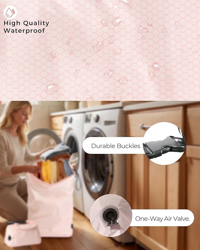 Travel Laundry Bag, Pump-Free Vacuum Compression Dirty Clothes Bag, Reusable Waterproof & Washable Laundry Bag, Wet and Dry Bag, Ideal for Suitcases, Road Trip Essentials (2 Pcs, M+L) Pink