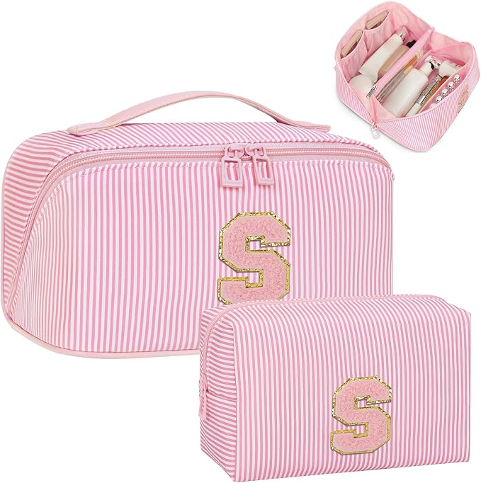 Initial Makeup Bag, Portable Water-resistant Monogram Cosmetic Bag Set, Travel Toiletry Bag with Brush Holder, Personalized Gifts for Friend Teacher Mom Wife, Pink S