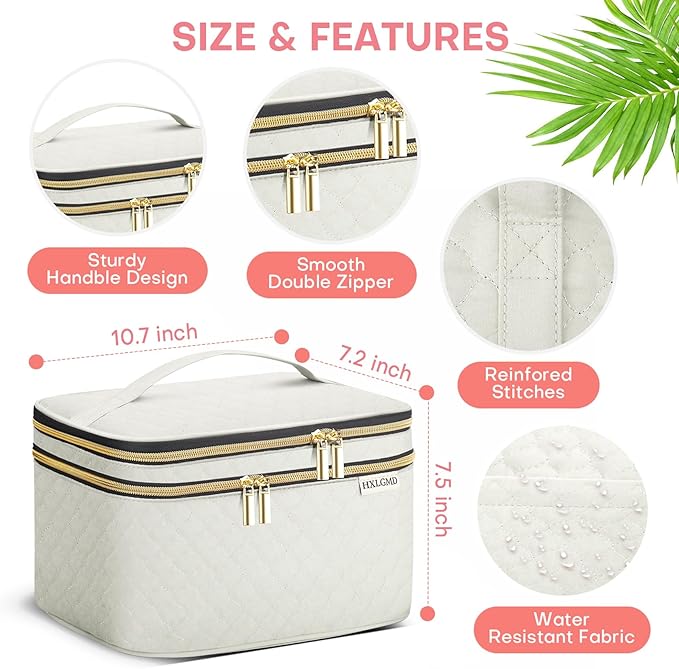 HXLGMD Large Makeup Bag with Mirror Double Layer Travel Make Up Organizer Case, Large Capacity Coemetic with Brush Slot Divider, Travel Toiletry Bag for Women - White/Beige