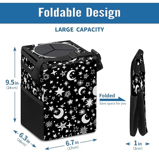 Gothic Black White Moon Stars Car Trash Can with Lid Collapsible Reusable Waterproof Car Garage Bag,Automotive Garbage Can,Car Accessories Interior Car Organizer