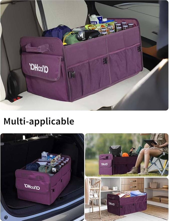 YOHOOLYO Car Trunk Organizer for SUV 72L Large Capacity Collapsible 4 Compartment Storage, Multicolor Car Accessories for Women/Men, Purple