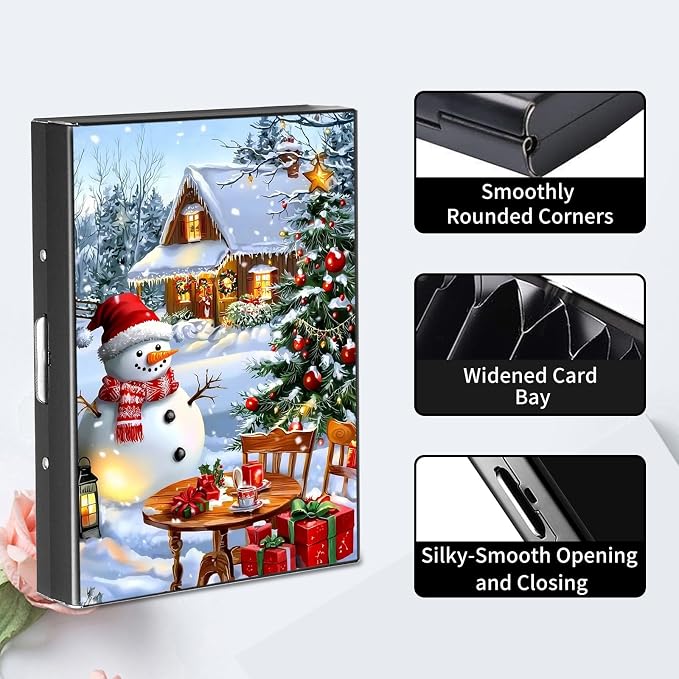 RFID Metal Wallet Credit Cards Holder Slim Mini Business Card Holder Metal ID Case Gift for Men Women,Snowy Christmas