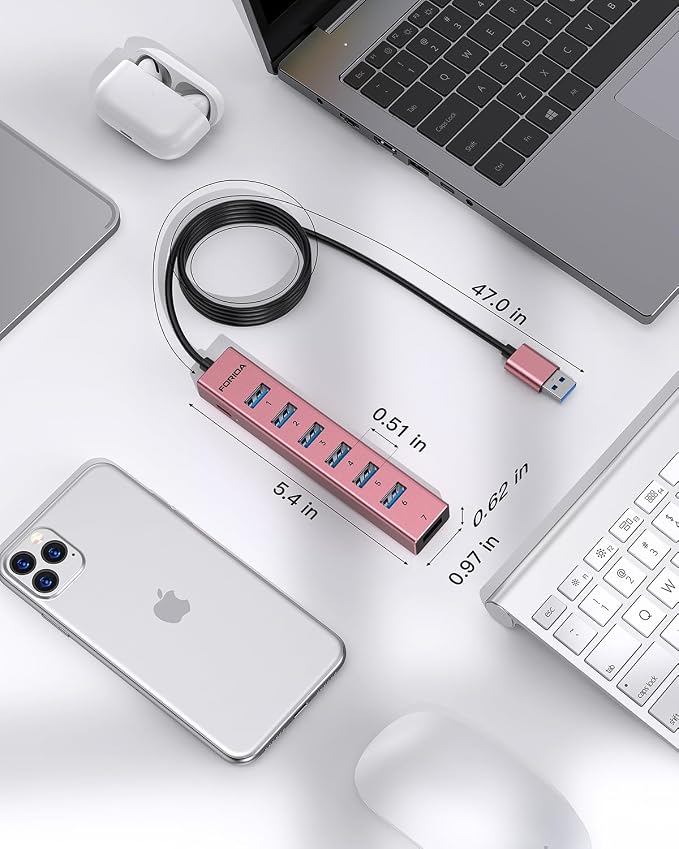 FORIDA USB Hub Long Cable 8 Ports Multiport Adapter with 7-Port USB 3.0 Data Ports, 5V/3A Type-C Power Port Splitter, USB Extender for Laptop PC and More (Rose Gold, USB A-47in)