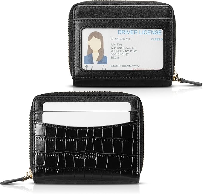 Vulkitty Zipper Credit Card Holder for Women, Leather RFID Blocking Card Wallet, Card Case for Female, Ladies Wallet with Zip Coin Pocket, Black