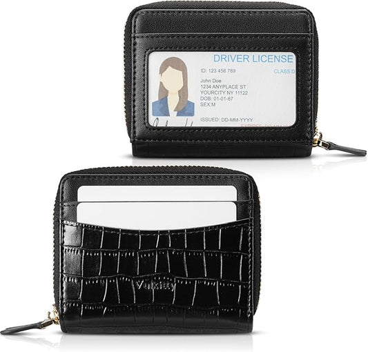 Vulkitty Zipper Credit Card Holder for Women, Leather RFID Blocking Card Wallet, Card Case for Female, Ladies Wallet with Zip Coin Pocket, Black