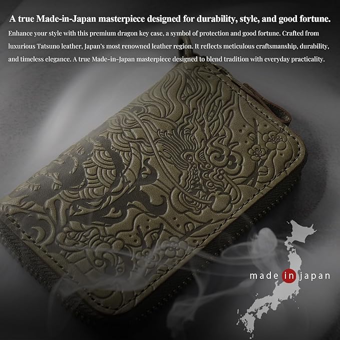 Red Glow Men’s Genuine Leather Smart Key Case, Multi-Function Dragon Pattern with 4 Key Rings & Removable Ring (RG-009)