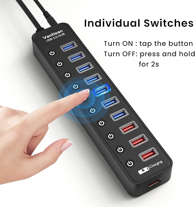 vantisan Powered USB 3.0 hub, 11-Port USB Hub Splitter Extension 7 USB 3.0 Data Ports + 4 Smart Charging Ports with Individual LED On/Off Switches and 12V/3A Power Adapter for USB Devices.