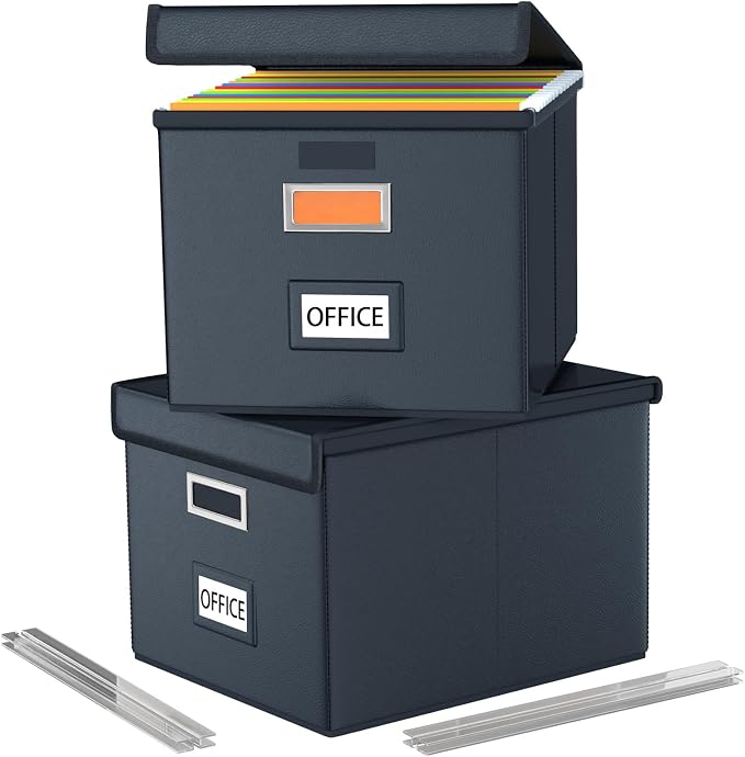 File Organizer Boxes with Lids, Collapsible Faux Leather Hanging File Folder Box Organizer with Plastic Slide, Decorative Home/Office Filing System Boxes for File and Folders Storage