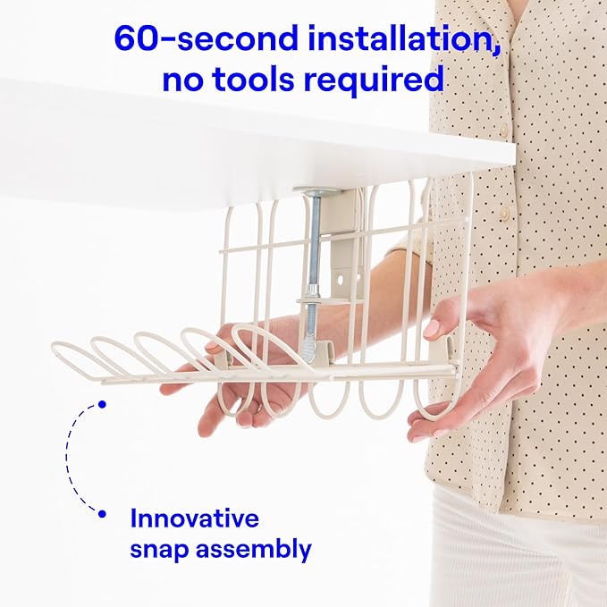 CarryUp Under Desk Cable Tray, No Drill Wire Management Clamp, Computer Cord Organizer, Cable Hider & Holder, Cord Keepers for Home Office Organization, Powder Coated Metal, Dorm Essentialss - Cream