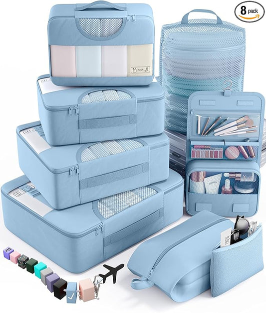 Veken 8 Set Packing Cubes for Travel Essentials, Suitcase Organizer Bags in 4 Sizes, Carry-On Luggage Accessories with Large Laundry & Hanging Toiletry Bag, Must-Have for Airplane, Road Trip & Camping