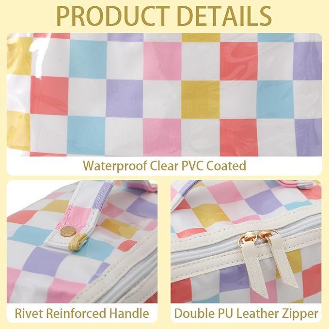 DYSHAYEN Travel Makeup Bag with Compartments Clear Coated Cosmetic Bag for Women, Waterproof Portable Open Flat Toiletry bag （Rainbow Gingham）