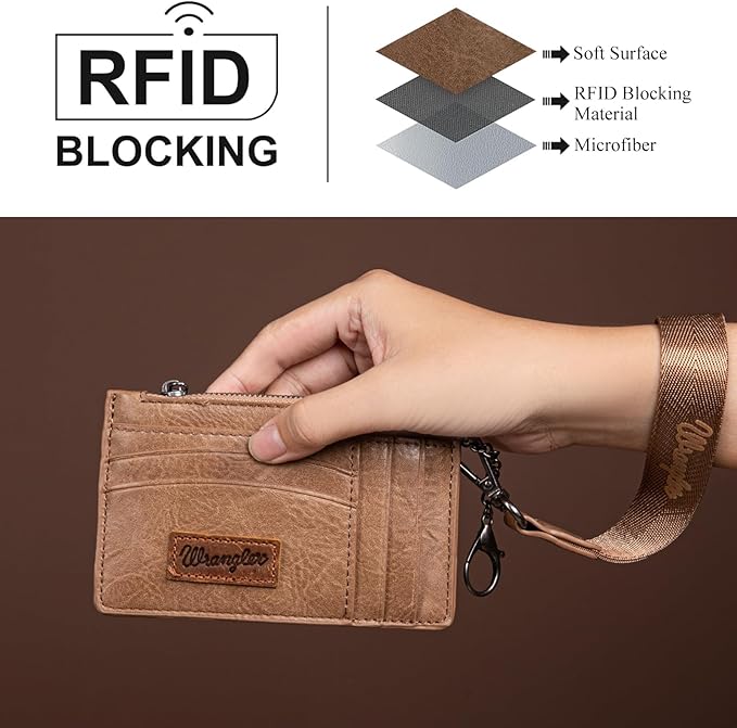 Montana West X Wrangler RFID Credit Card Holder Small Card Wallets for Women Slim Wallet Keychain Women Card Holder with Wristlet Strap