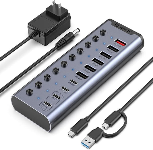 Powered USB Hub, 10-Port USB C Hub with 6*USB-A 3.2, 2*USB-C 3.2 and 2*PD 45W Charging Ports Individual Switches and 24V/3A Power Adapter, USB Extension for MacBook, PC and More.