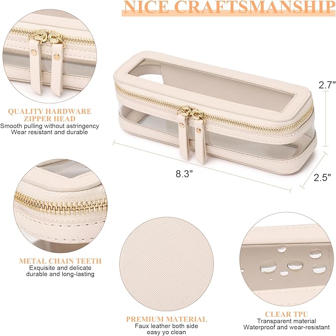 Pinkmik Makeup Brush Case Clear Travel Cosmetic & Toiletry Bag Slim Makeup Bag with Zipper Small Purse Organizer for Women Beige