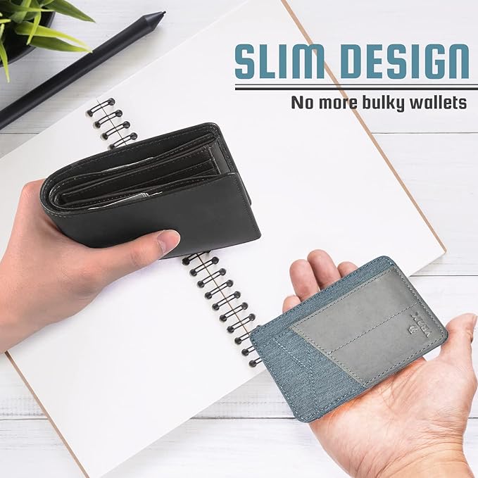RFID Slim Wallet for Men Women, 8 Card Slot Leather Minimalist Front Pocket Credit Card Holders, Grey Canvas
