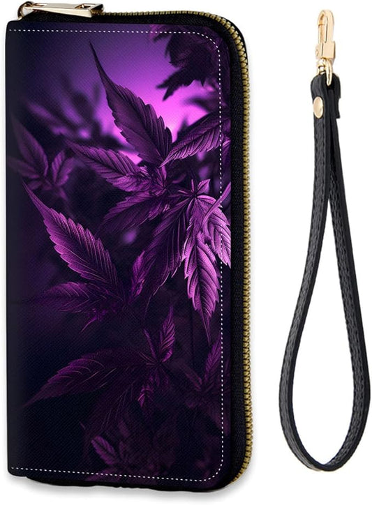 Women's RFID Blocking Zip Around Wallet with Detachable Wrist Strap, Large Capacity Credit Card Holder Organizer for Everyday Use,Weed Leaf