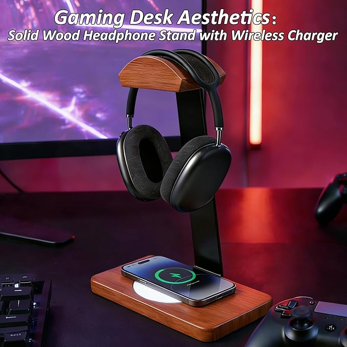 Solid Wooden Headphone Holder with Fast Wireless Charging Pad, Universal Headset Stand for Gaming Desk, Headphone Rack Wireless Charger Compatible with iPhone Samsung with QI Function (White