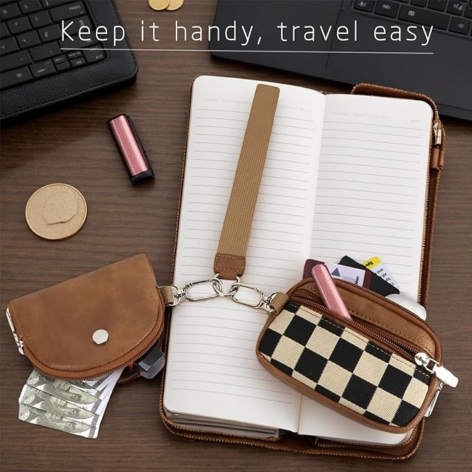 Checkered Dual Pouch Keychain Wallet for Women, Small Mini Zip Leather Coin Purse with Wrist Strap,wristlet hangbags,Brown