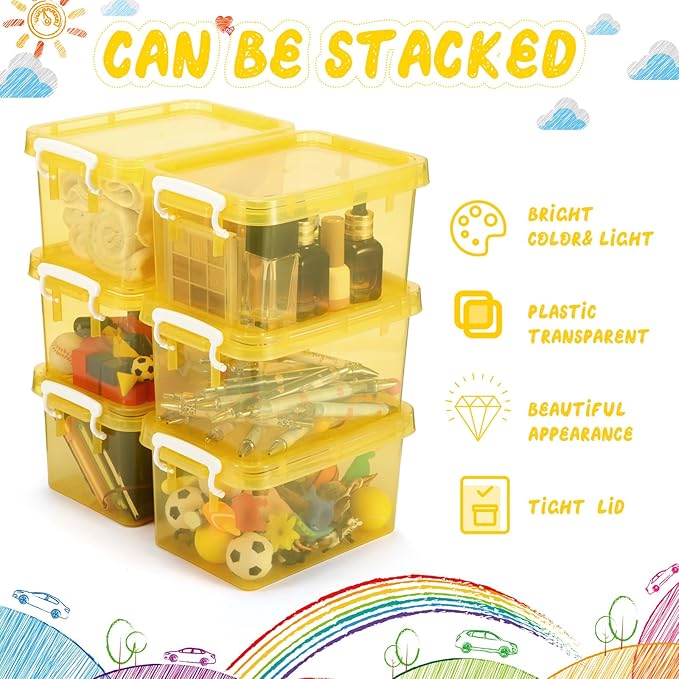 Wenqik 6 Pack Colorful Plastic Storage Bins with Lids 4 Quart Small Storage Latch Box Stackable and Nestable Clear Organizer Bins with Latching Handle and Buckle for Organizing(Yellow)