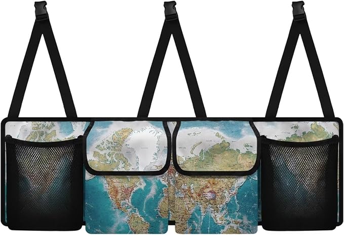 World Map Design Car Trunk Organizer,Backseat Hanging Large Storage with Adjustable Straps,Collapsible Cargo Bag,Car Interior Accessories Not Easy to Fade Machine Washable