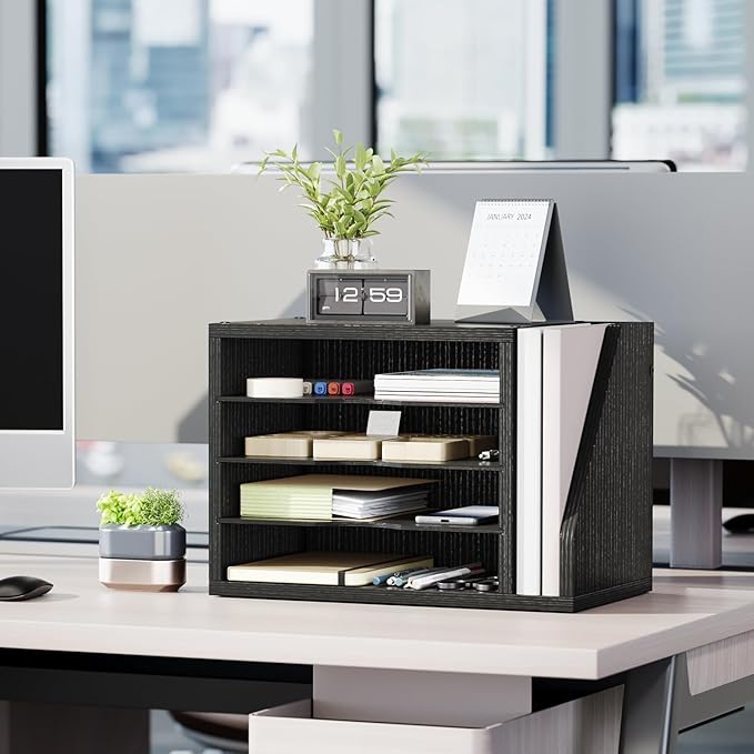 Creso hom Mail Sorter, File Organizer Desktop, Wood Desk Organizer with 3 Adjustable Shelves, Mail Holder for Office, Home, Letter Sorter File Holders for Envelopes, Mail Supplies Magazines, Black