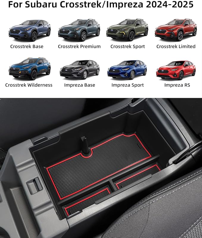 Center Console Organizer for Subaru Crosstrek 2024 2025 Armrest Insert Storage Tray with Non-Slip Rubber Mat Subaru Impreza Organiser Accessories, Red