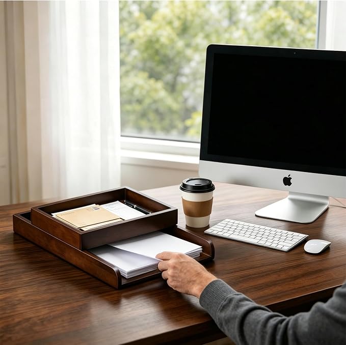 Wooden Desktop File Organizer, 2-Tier Detachable Solid Wood Paper Tray for A4 Paper Documents Letter Bill Notebook Stationery, Multi Modular Desk Storage Tray for Home Office Cubicle School