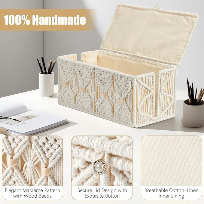 Cable Management Box Handmade Macrame Cord Storage Organizer Power Strips Outlet Router Adapter TV Wire Hider Cover Under Desk Natural Cotton Rope Woven Boxes with Lid (Off White, Large)
