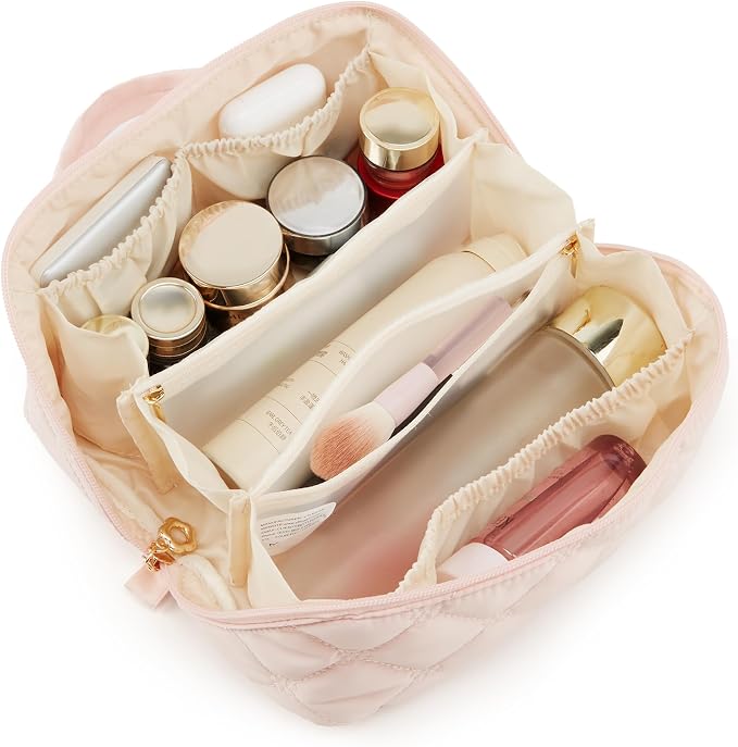 YTL Travel Makeup Bag, Puffer Cosmetic Bag for Women, Waterproof Puffy Padded Make Up Bags, Flat Open Portable Organizer Case Toiletry Bag Pouch Purse for Skincare, Brushes & Travel Essentials