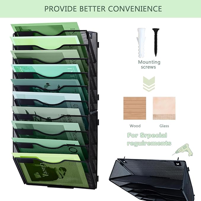 10 Tier Mesh Hanging File Organizer Vertical Wall File Organizer Wall File Holder for Office School Home, Black